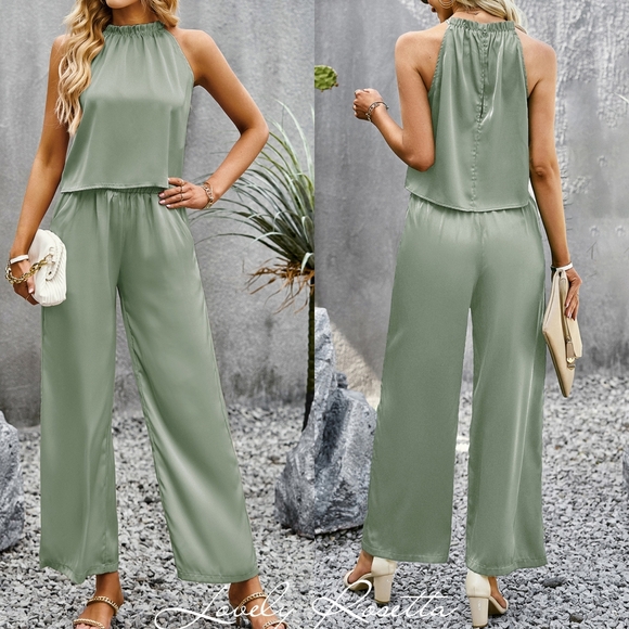 Sage Grecian Neck Top and Pants Set - Picture 1 of 6